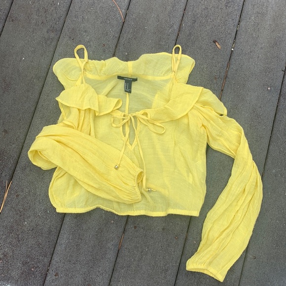 HOST PICK : Forever 21 Yellow Ruffled Open Shoulder Long Sleeved Boho Crop Top - Picture 3 of 5